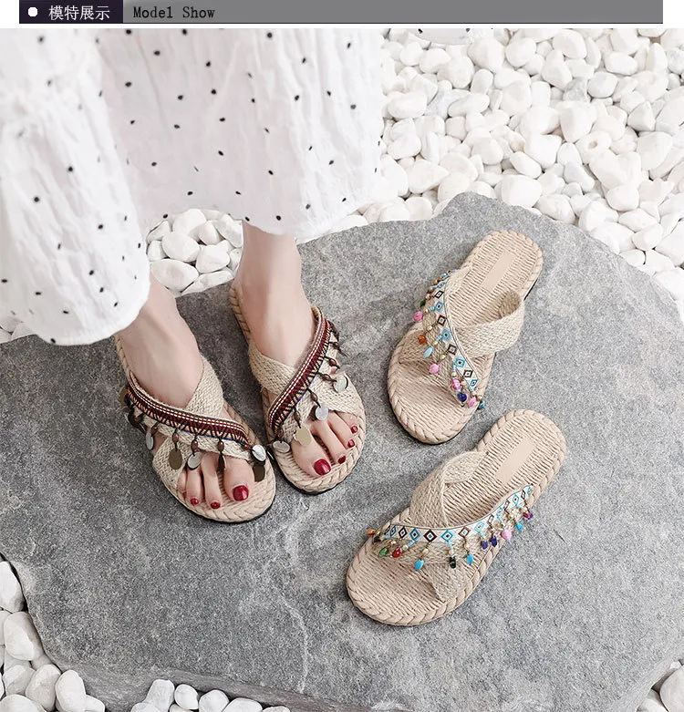Women's Bohemian Tassel Wedge Heel Slippers - Handmade Ethnic Style Summer Beach Shoes - Comfortable Outdoor Fashion Footwear showcase 19