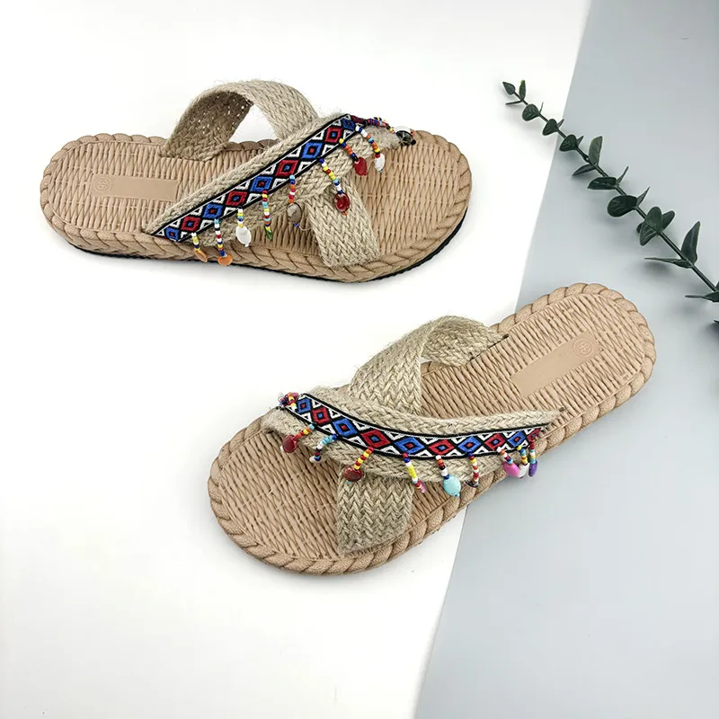 Women's Bohemian Tassel Wedge Heel Slippers - Handmade Ethnic Style Summer Beach Shoes - Comfortable Outdoor Fashion Footwear thumbnail 9