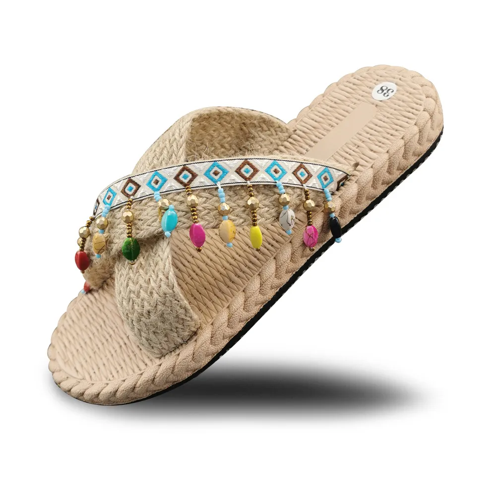 Women's Bohemian Tassel Wedge Heel Slippers - Handmade Ethnic Style Summer Beach Shoes - Comfortable Outdoor Fashion Footwear thumbnail 5