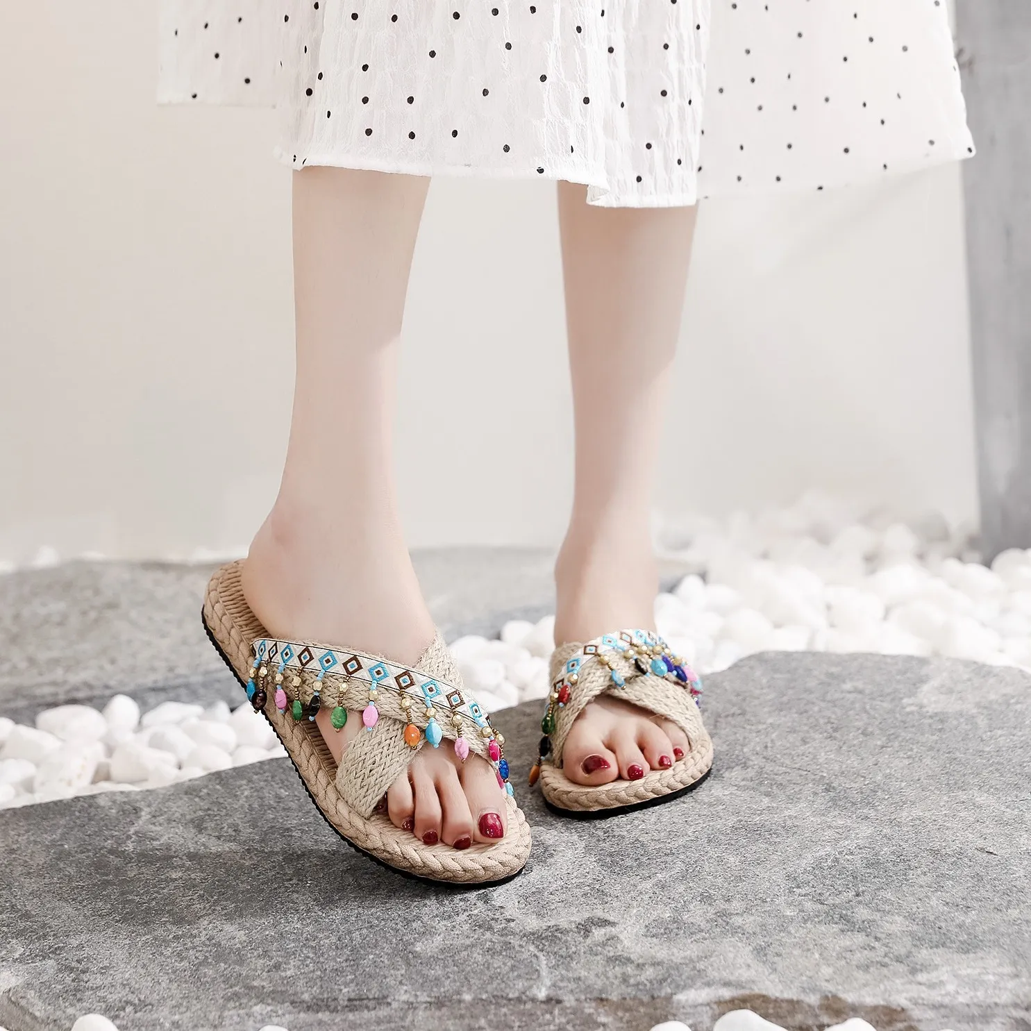 Women's Bohemian Tassel Wedge Heel Slippers - Handmade Ethnic Style Summer Beach Shoes - Comfortable Outdoor Fashion Footwear thumbnail 2