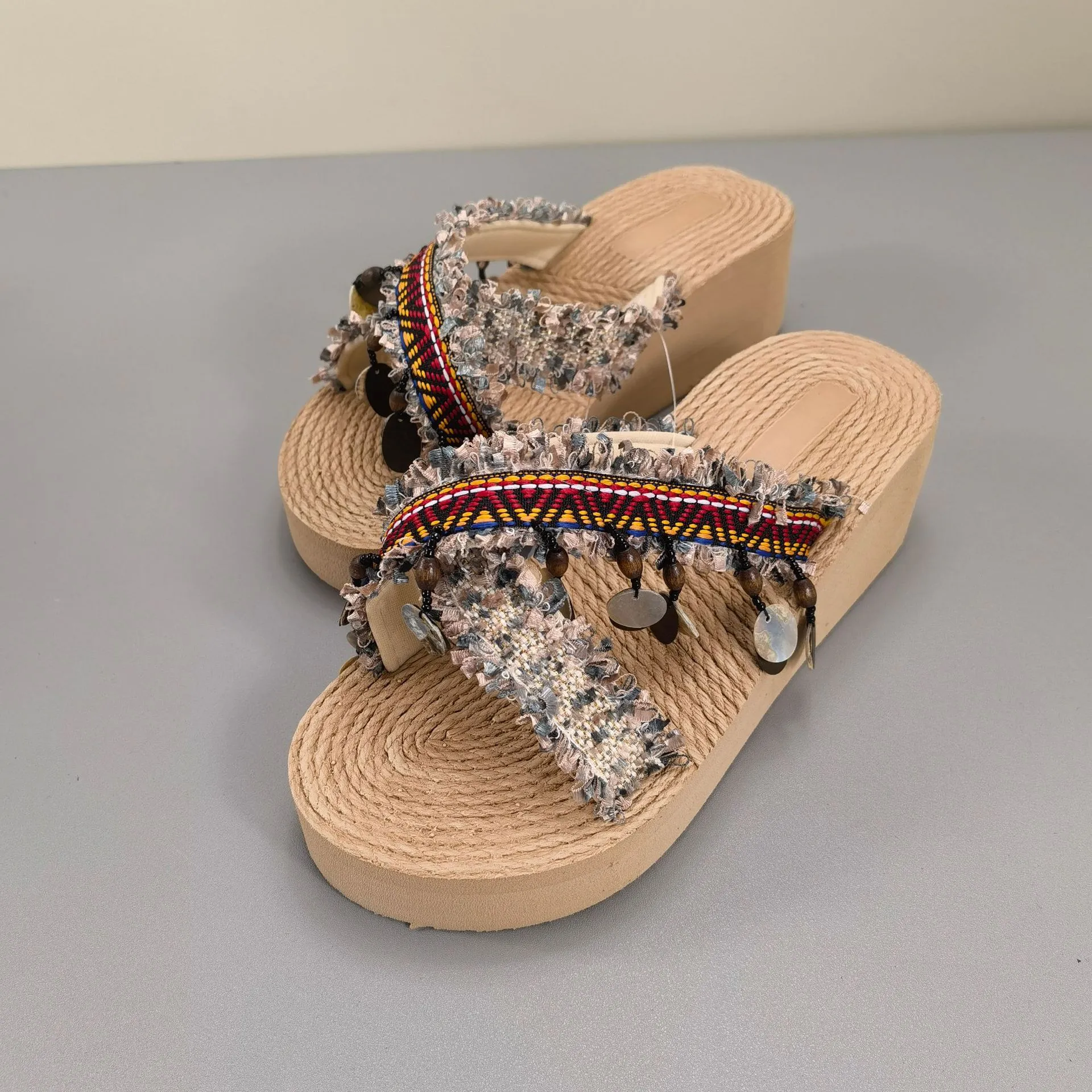 Women's Bohemian Tassel Wedge Heel Slippers - Handmade Ethnic Style Summer Beach Shoes - Comfortable Outdoor Fashion Footwear thumbnail 10