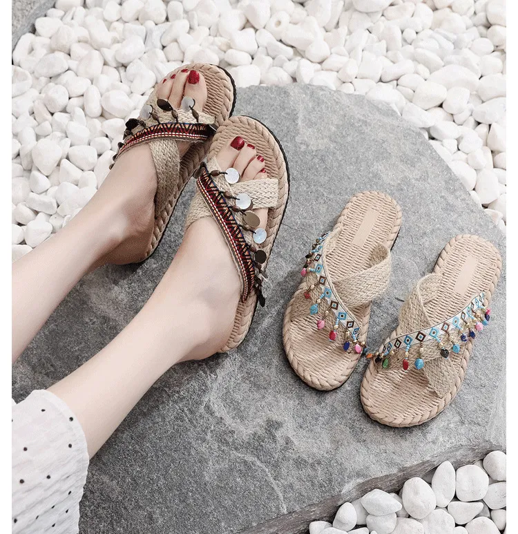 Women's Bohemian Tassel Wedge Heel Slippers - Handmade Ethnic Style Summer Beach Shoes - Comfortable Outdoor Fashion Footwear showcase 6