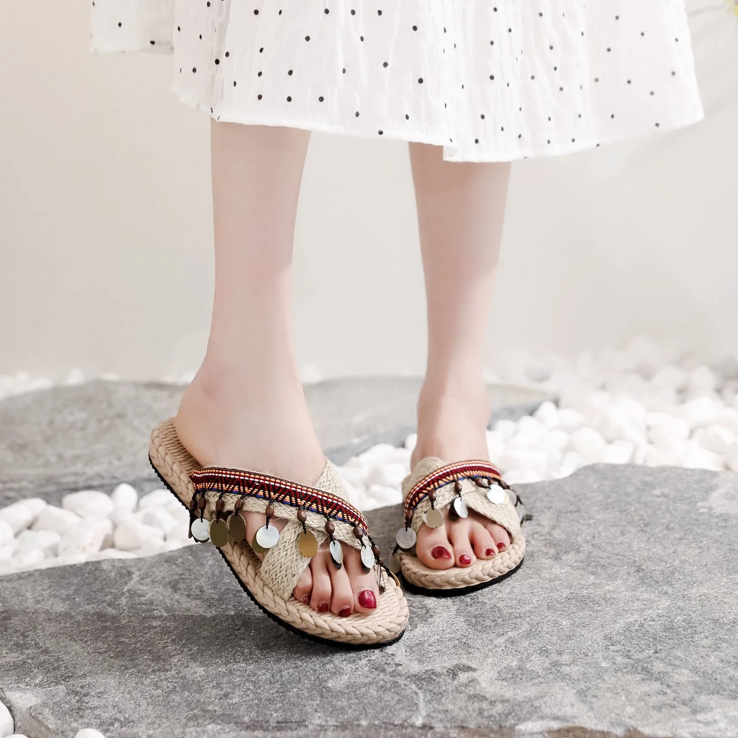 Women's Bohemian Tassel Wedge Heel Slippers - Handmade Ethnic Style Summer Beach Shoes - Comfortable Outdoor Fashion Footwear thumbnail 3