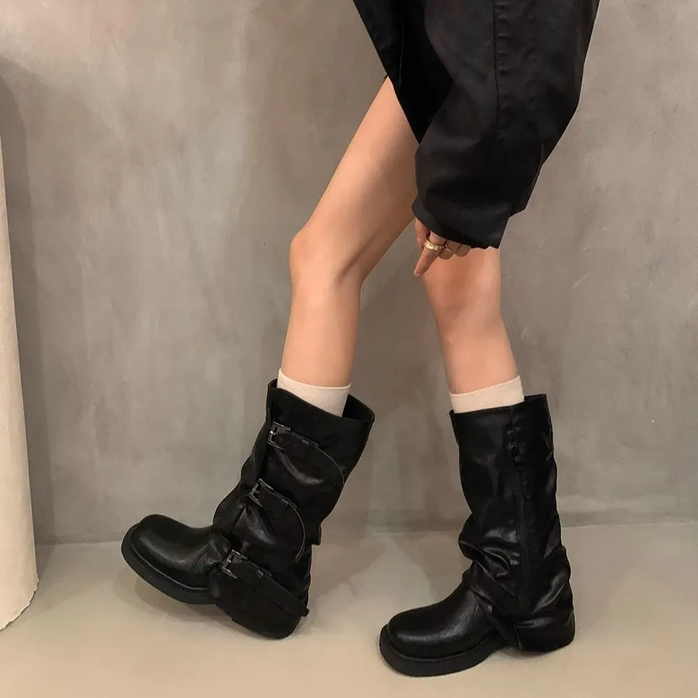 Women's Retro Western Ankle Boots - Denim Style, Chunky Heel, Mid-Calf Length - Fashionable Knight Boots for Autumn/Winter thumbnail 2