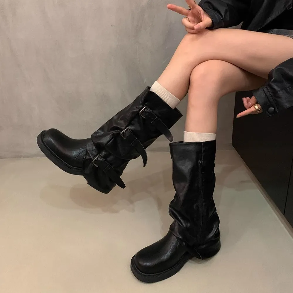 Women's Retro Western Ankle Boots - Denim Style, Chunky Heel, Mid-Calf Length - Fashionable Knight Boots for Autumn/Winter thumbnail 3
