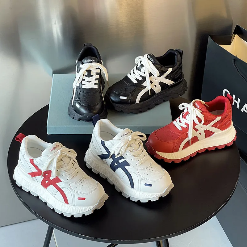 Women's Ultra-Light Leather Training Shoes: Autumn Fashion Casual Sports Sneakers with 8cm Height Increase & Thick Sole showcase 1