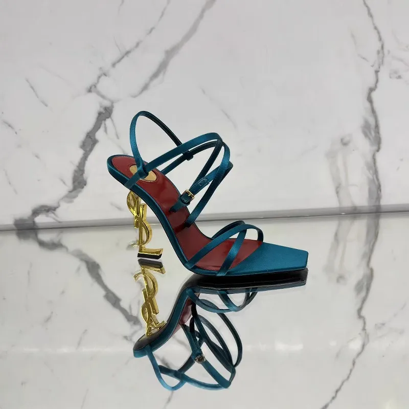 Women's Gold Letter Sandals 2025 European American Style Elegant Cross-Over Open-Toe Strap Stiletto High Heels Fashion Party Wedding Shoes thumbnail 4