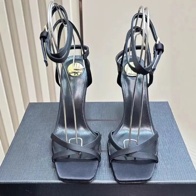 Women's Gold Letter Sandals 2025 European American Style Elegant Cross-Over Open-Toe Strap Stiletto High Heels Fashion Party Wedding Shoes showcase 9