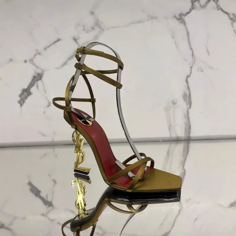 Women's Gold Letter Sandals 2025 European American Style Elegant Cross-Over Open-Toe Strap Stiletto High Heels Fashion Party Wedding Shoes showcase 1