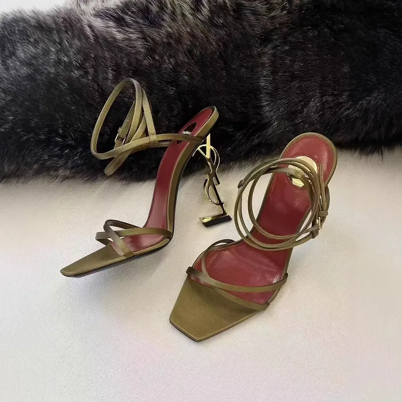 Women's Gold Letter Sandals 2025 European American Style Elegant Cross-Over Open-Toe Strap Stiletto High Heels Fashion Party Wedding Shoes thumbnail 2