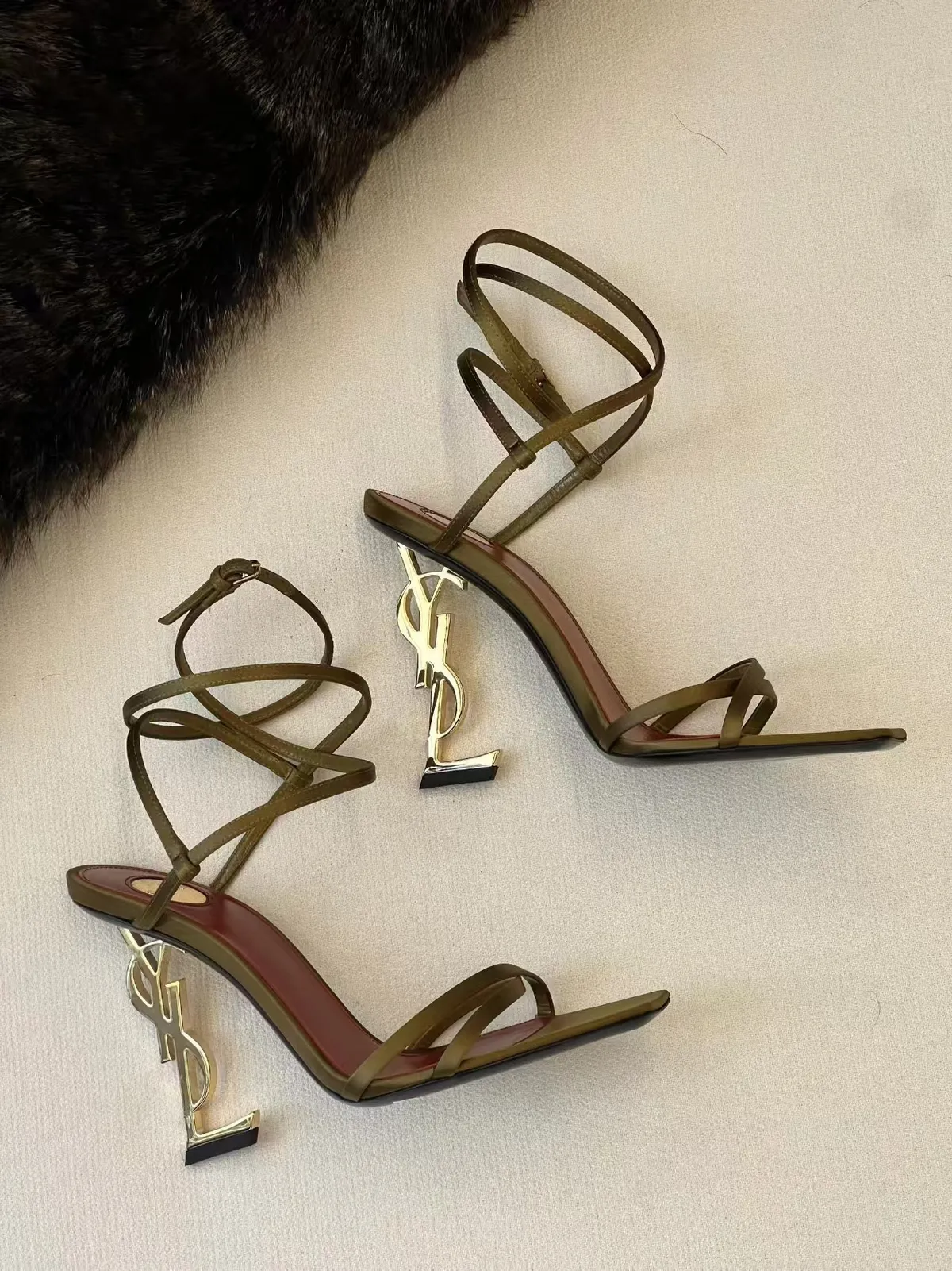 Women's Gold Letter Sandals 2025 European American Style Elegant Cross-Over Open-Toe Strap Stiletto High Heels Fashion Party Wedding Shoes showcase 3