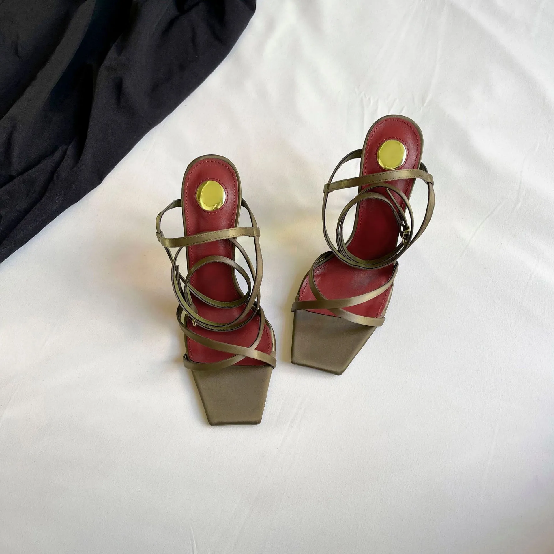 Women's Gold Letter Sandals 2025 European American Style Elegant Cross-Over Open-Toe Strap Stiletto High Heels Fashion Party Wedding Shoes thumbnail 7