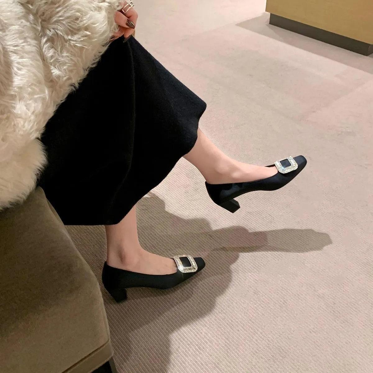 Women's Elegant Silk Commuter Shoes with Rhinestone Square Buckle - Evening Style Mid Heel Court Shoes for Ladies thumbnail 1
