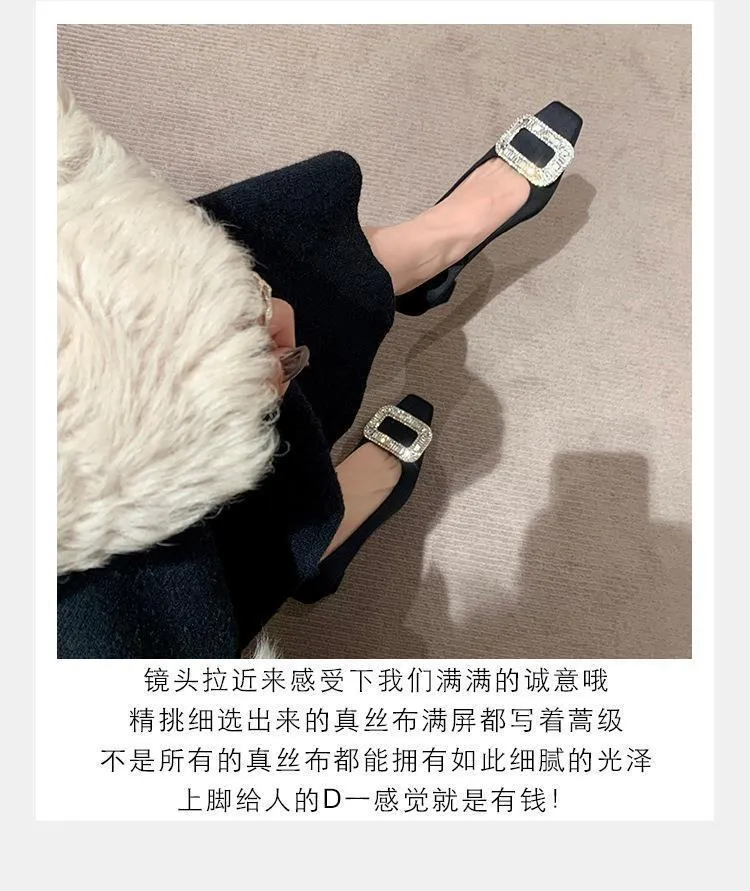 Women's Elegant Silk Commuter Shoes with Rhinestone Square Buckle - Evening Style Mid Heel Court Shoes for Ladies showcase 3