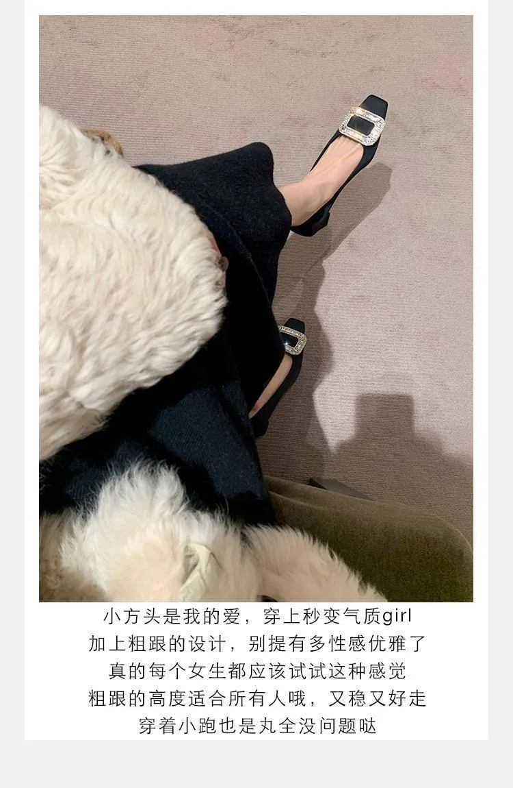 Women's Elegant Silk Commuter Shoes with Rhinestone Square Buckle - Evening Style Mid Heel Court Shoes for Ladies showcase 5