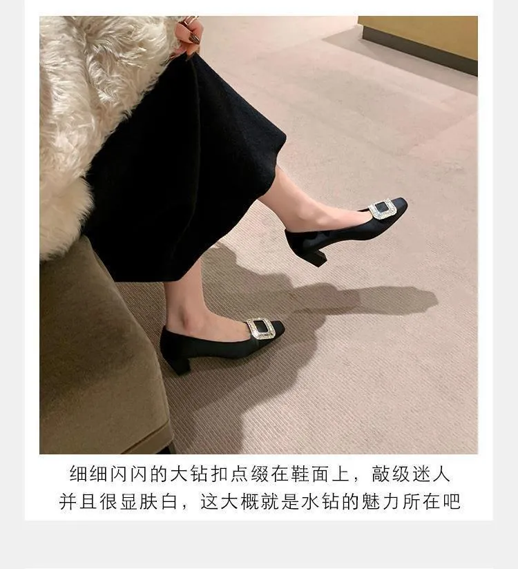 Women's Elegant Silk Commuter Shoes with Rhinestone Square Buckle - Evening Style Mid Heel Court Shoes for Ladies showcase 4