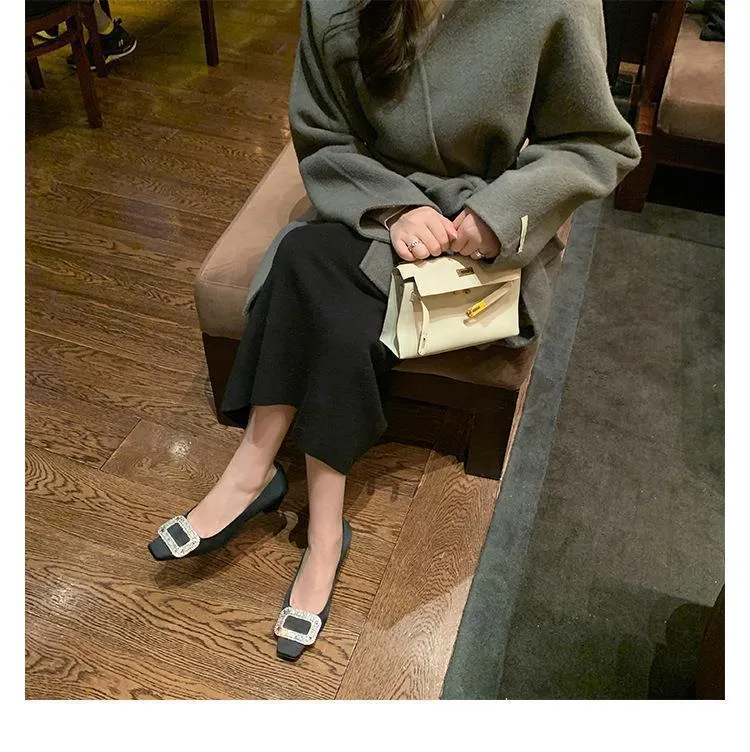 Women's Elegant Silk Commuter Shoes with Rhinestone Square Buckle - Evening Style Mid Heel Court Shoes for Ladies showcase 11