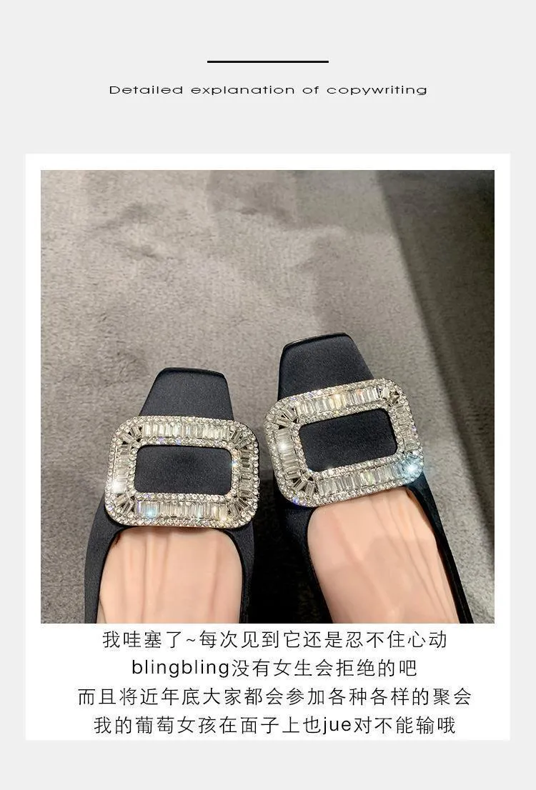 Women's Elegant Silk Commuter Shoes with Rhinestone Square Buckle - Evening Style Mid Heel Court Shoes for Ladies showcase 1