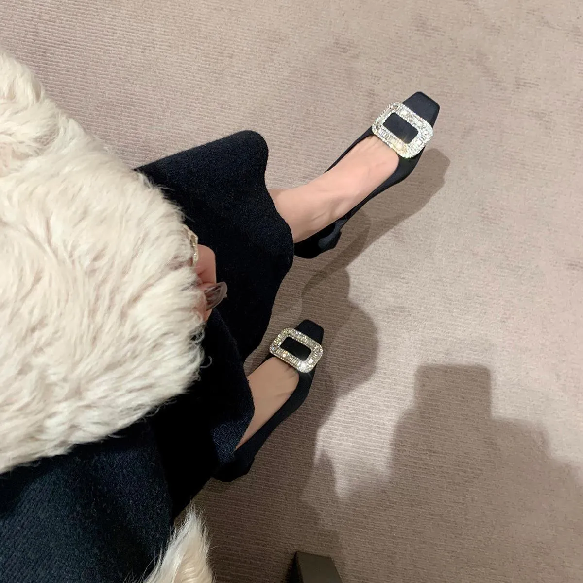 Women's Elegant Silk Commuter Shoes with Rhinestone Square Buckle - Evening Style Mid Heel Court Shoes for Ladies thumbnail 2