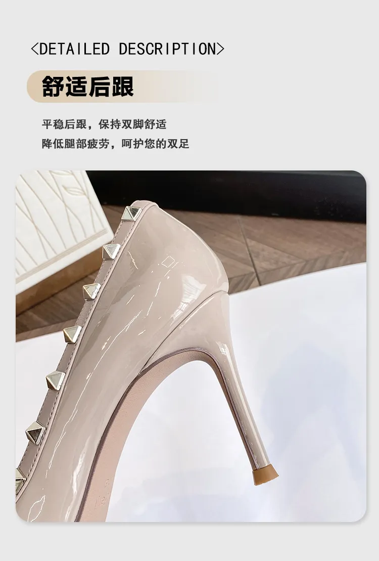 Women's Rivet High Heels Pointed Toe Patent Leather Stiletto Pumps Sexy Elegant Dress Shoes Spring Autumn Fashion showcase 6