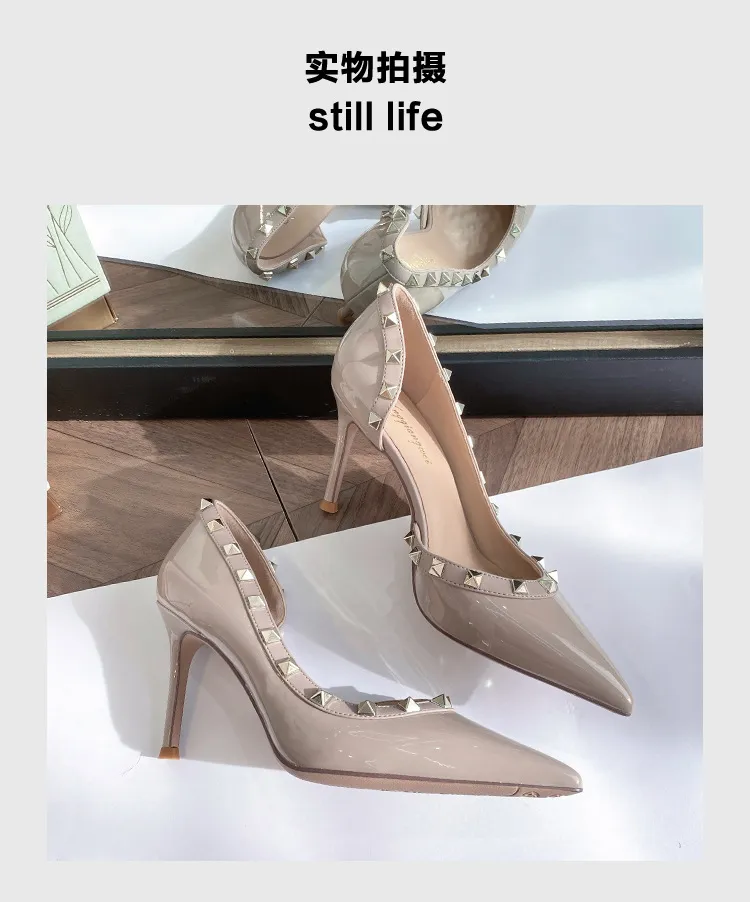 Women's Rivet High Heels Pointed Toe Patent Leather Stiletto Pumps Sexy Elegant Dress Shoes Spring Autumn Fashion showcase 14