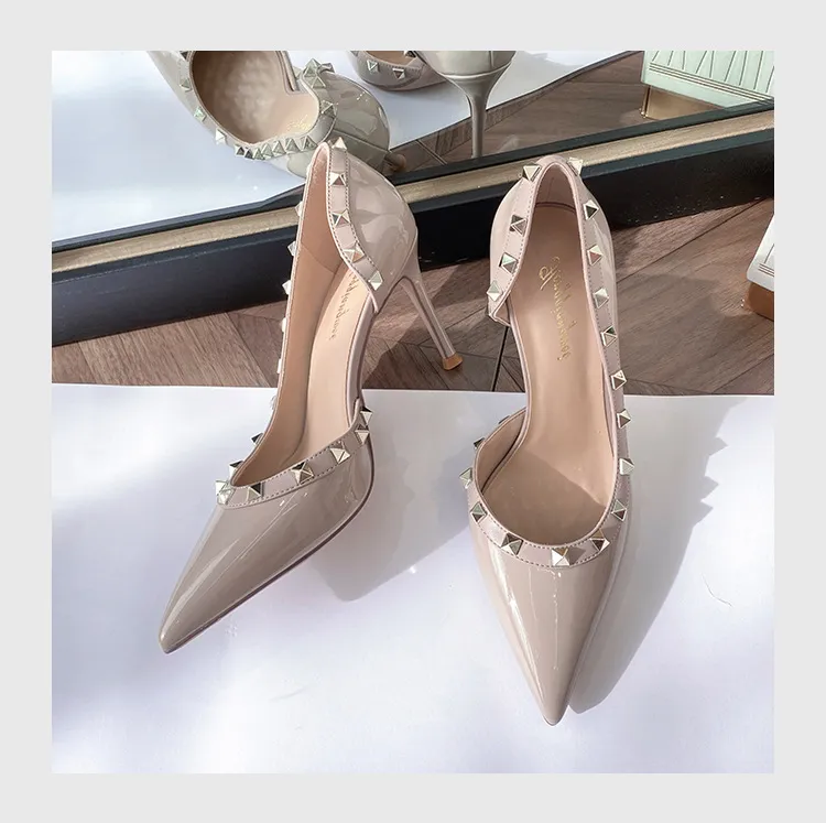 Women's Rivet High Heels Pointed Toe Patent Leather Stiletto Pumps Sexy Elegant Dress Shoes Spring Autumn Fashion showcase 15