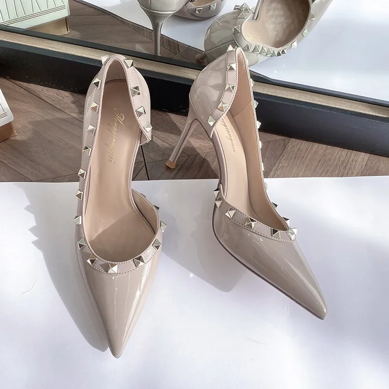 Women's Rivet High Heels Pointed Toe Patent Leather Stiletto Pumps Sexy Elegant Dress Shoes Spring Autumn Fashion thumbnail 9