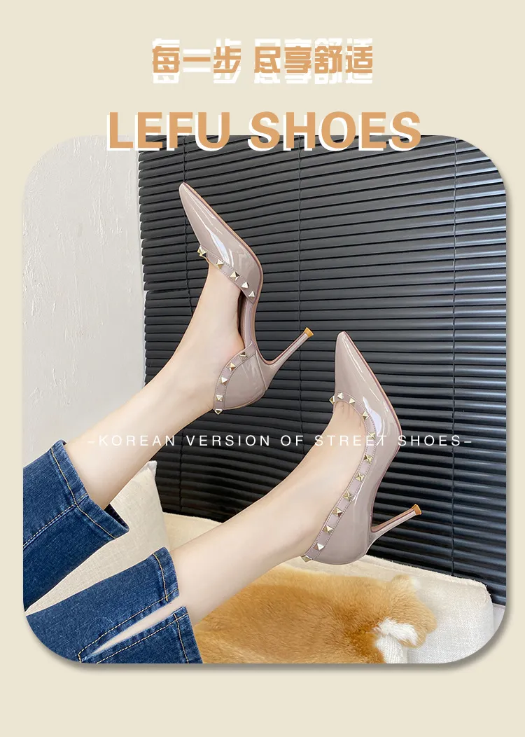 Women's Rivet High Heels Pointed Toe Patent Leather Stiletto Pumps Sexy Elegant Dress Shoes Spring Autumn Fashion showcase 1