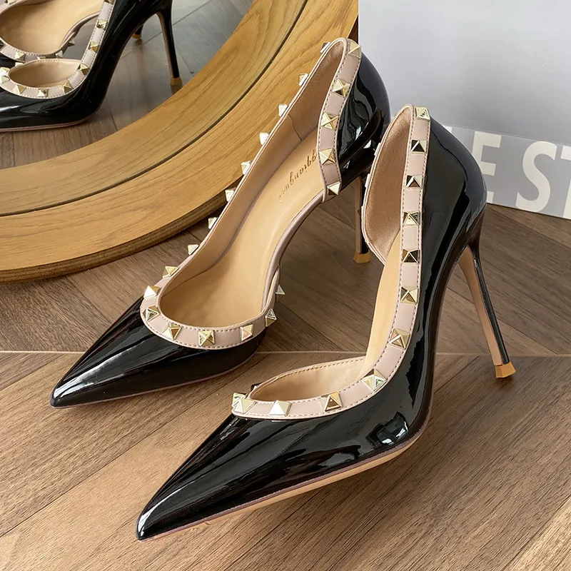 Women's Rivet High Heels Pointed Toe Patent Leather Stiletto Pumps Sexy Elegant Dress Shoes Spring Autumn Fashion thumbnail 8