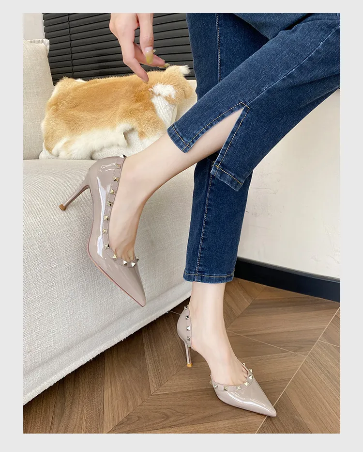 Women's Rivet High Heels Pointed Toe Patent Leather Stiletto Pumps Sexy Elegant Dress Shoes Spring Autumn Fashion showcase 9