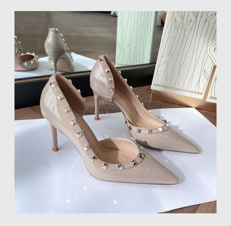 Women's Rivet High Heels Pointed Toe Patent Leather Stiletto Pumps Sexy Elegant Dress Shoes Spring Autumn Fashion showcase 16