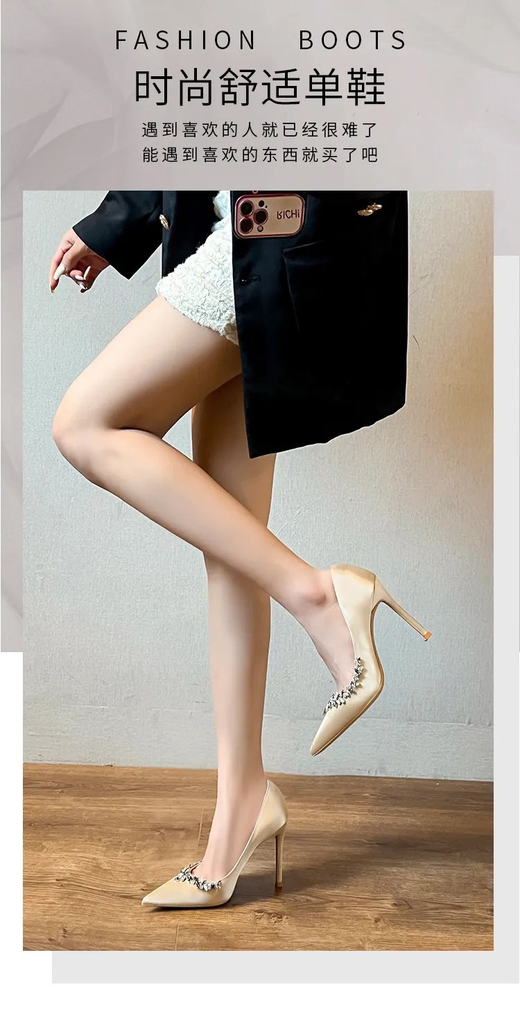 Women's High Heels Stiletto Pointed Toe Satin Rhinestone Elegant French Style Shoes 2025 Spring Autumn New Arrival Party Wedding Prom showcase 1