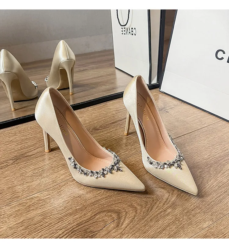 Women's High Heels Stiletto Pointed Toe Satin Rhinestone Elegant French Style Shoes 2025 Spring Autumn New Arrival Party Wedding Prom showcase 15
