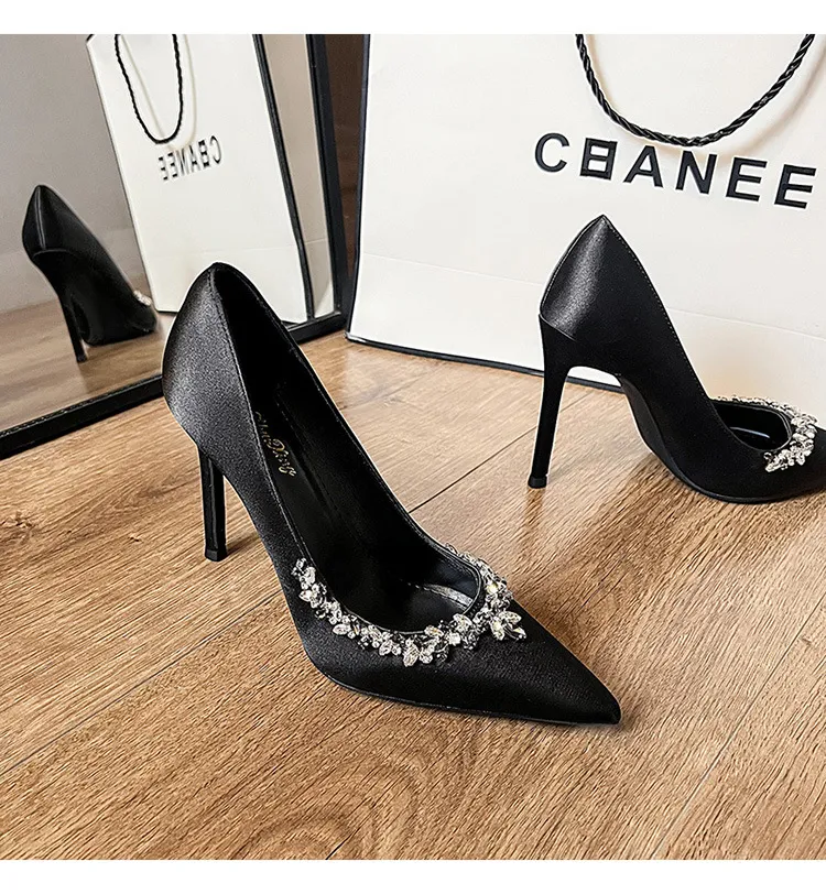 Women's High Heels Stiletto Pointed Toe Satin Rhinestone Elegant French Style Shoes 2025 Spring Autumn New Arrival Party Wedding Prom showcase 19