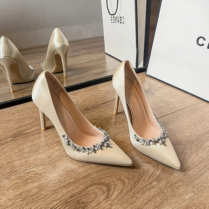 Women's High Heels Stiletto Pointed Toe Satin Rhinestone Elegant French Style Shoes 2025 Spring Autumn New Arrival Party Wedding Prom thumbnail 3