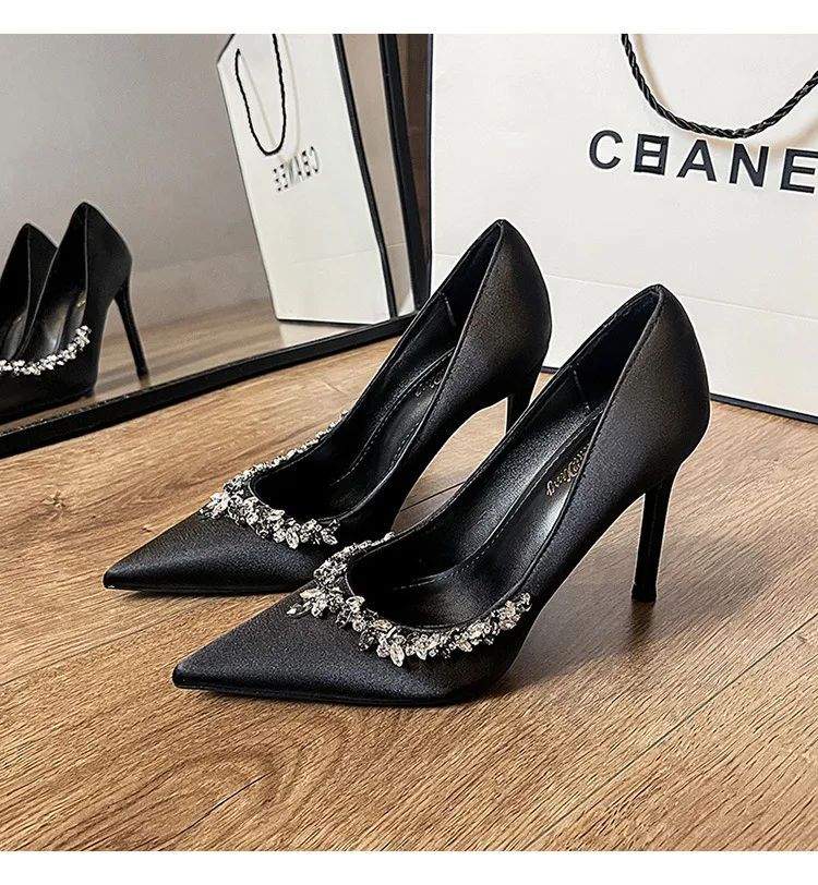 Women's High Heels Stiletto Pointed Toe Satin Rhinestone Elegant French Style Shoes 2025 Spring Autumn New Arrival Party Wedding Prom showcase 18