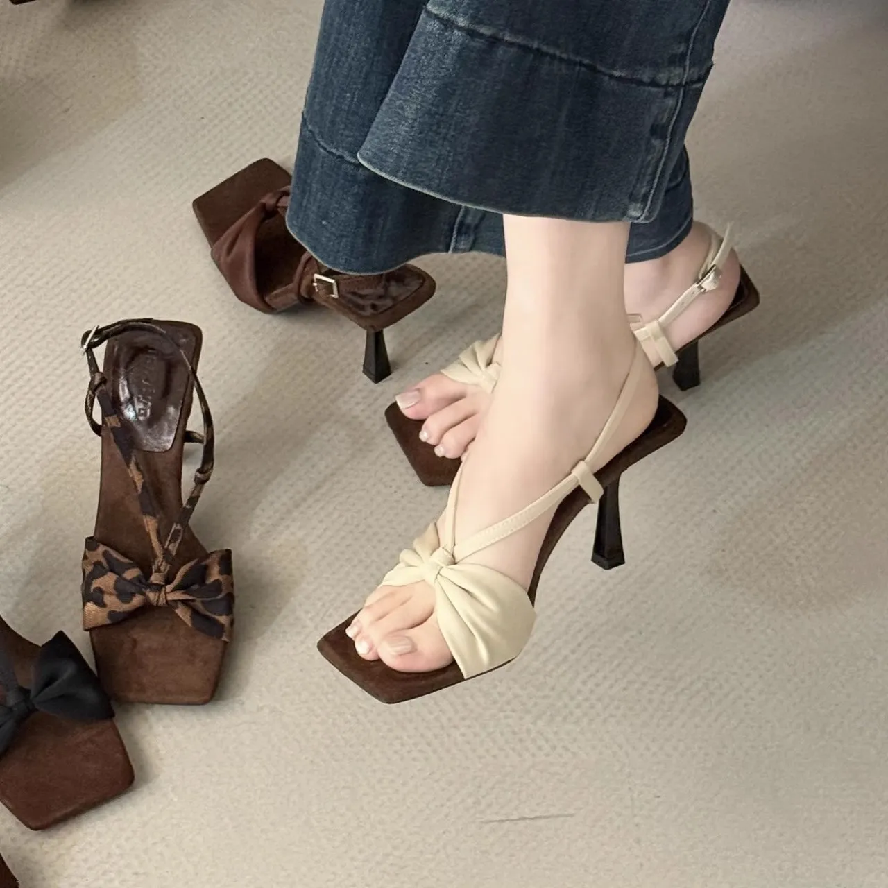 Women's Bowknot Heeled Sandals - Elegant Square Toe Open Toe Fairy Shoes for Summer 2025 - Stylish Party & Occasion Heels thumbnail 1