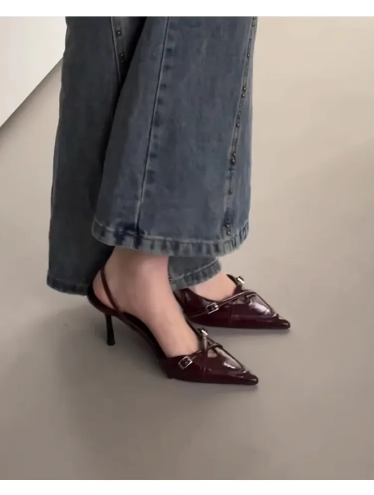 Women's Pointed Toe Sheepskin Sandals with Ankle Strap Buckle - Elegant French Style Slip-On Mules, Comfortable & Versatile Royal Sister Shoes showcase 9