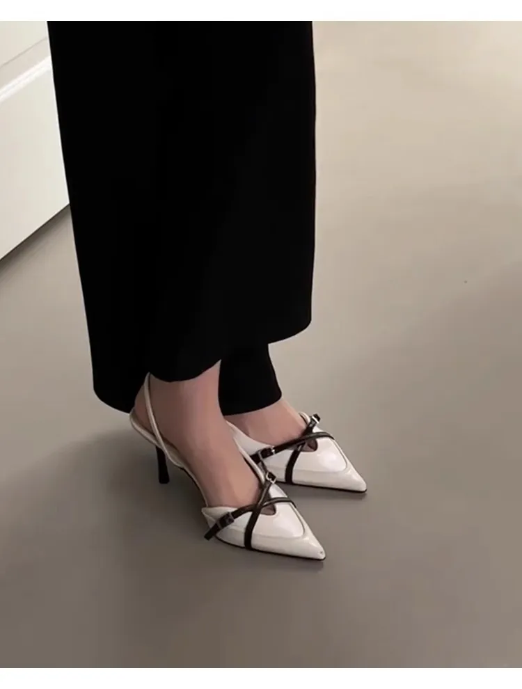 Women's Pointed Toe Sheepskin Sandals with Ankle Strap Buckle - Elegant French Style Slip-On Mules, Comfortable & Versatile Royal Sister Shoes showcase 2