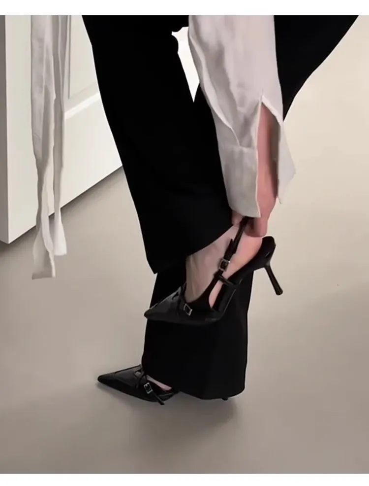Women's Pointed Toe Sheepskin Sandals with Ankle Strap Buckle - Elegant French Style Slip-On Mules, Comfortable & Versatile Royal Sister Shoes showcase 7