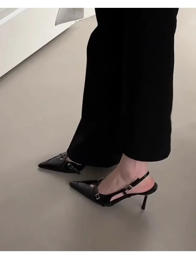 Women's Pointed Toe Sheepskin Sandals with Ankle Strap Buckle - Elegant French Style Slip-On Mules, Comfortable & Versatile Royal Sister Shoes showcase 5