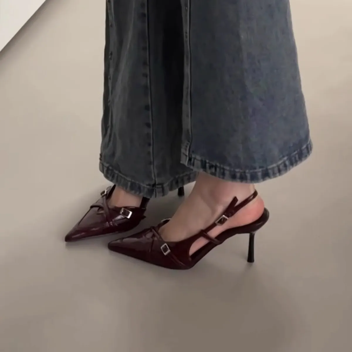 Women's Pointed Toe Sheepskin Sandals with Ankle Strap Buckle - Elegant French Style Slip-On Mules, Comfortable & Versatile Royal Sister Shoes thumbnail 7
