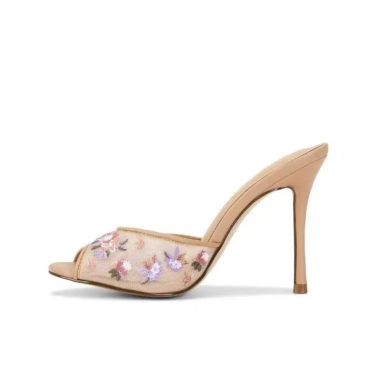Elegant Women's Beige Mesh Embroidered High Heel Slippers Spring Summer Pointed Toe Stiletto Mules Comfortable Party Shoes thumbnail 4
