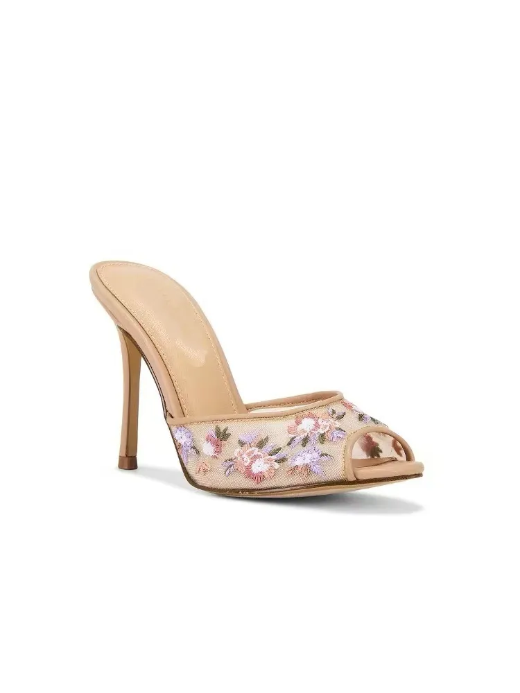 Elegant Women's Beige Mesh Embroidered High Heel Slippers Spring Summer Pointed Toe Stiletto Mules Comfortable Party Shoes showcase 4