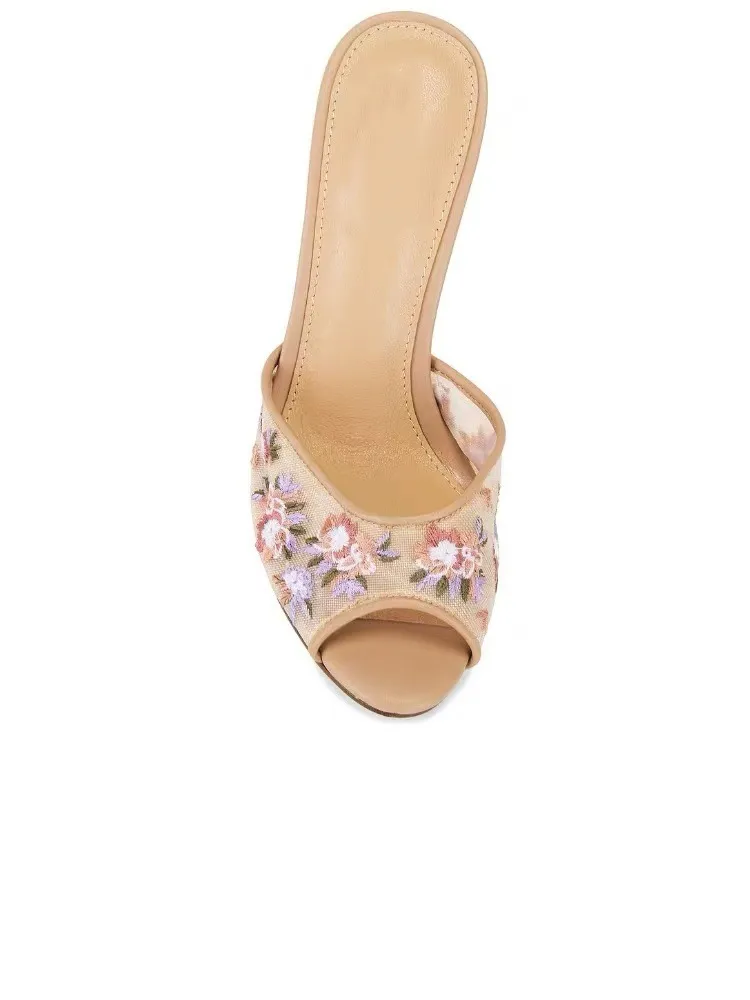 Elegant Women's Beige Mesh Embroidered High Heel Slippers Spring Summer Pointed Toe Stiletto Mules Comfortable Party Shoes showcase 5