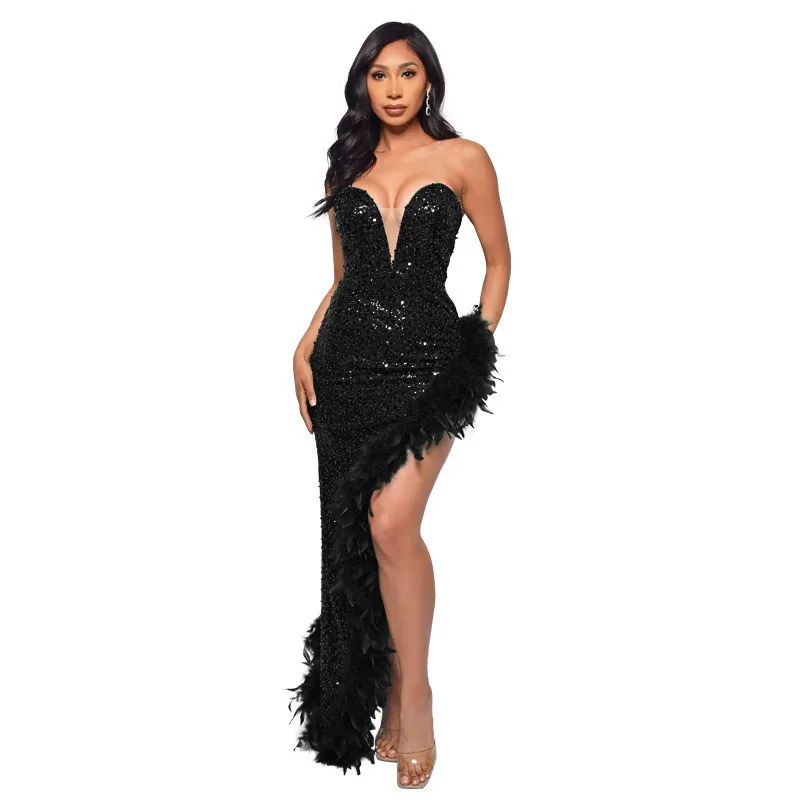 Women's Sequin Feather Tube Top Dress - Sleeveless Backless Party Club Dress for Evening Cocktail Prom - European American Fashion thumbnail 5
