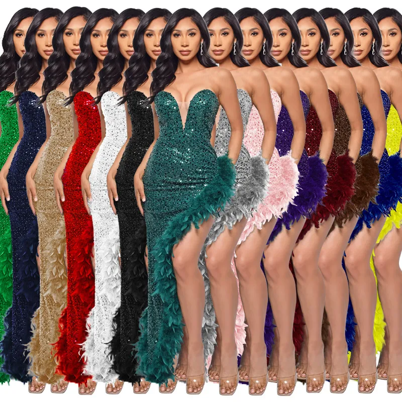 Women's Sequin Feather Tube Top Dress - Sleeveless Backless Party Club Dress for Evening Cocktail Prom - European American Fashion thumbnail 3