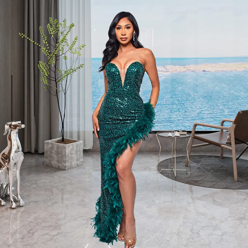Women's Sequin Feather Tube Top Dress - Sleeveless Backless Party Club Dress for Evening Cocktail Prom - European American Fashion thumbnail 1