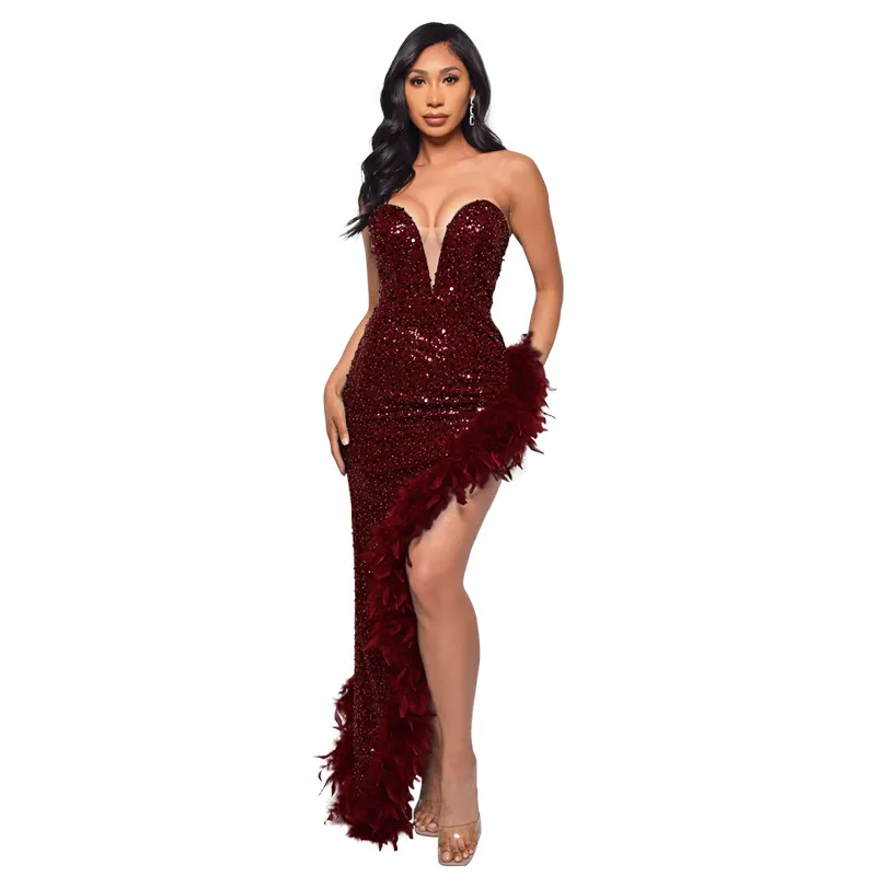 Women's Sequin Feather Tube Top Dress - Sleeveless Backless Party Club Dress for Evening Cocktail Prom - European American Fashion thumbnail 6