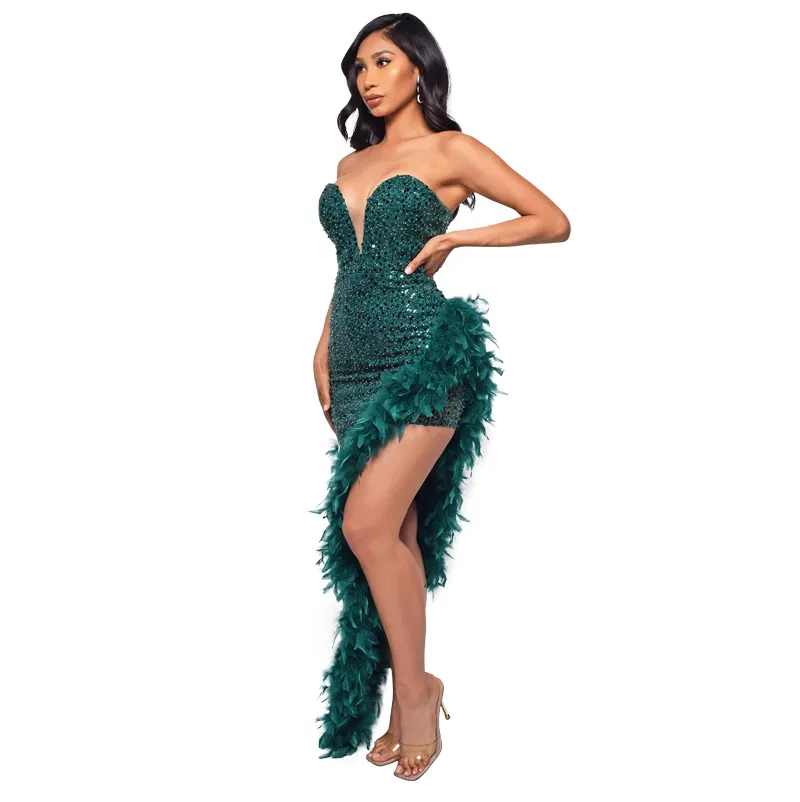 Women's Sequin Feather Tube Top Dress - Sleeveless Backless Party Club Dress for Evening Cocktail Prom - European American Fashion showcase 11